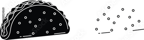 Black And White Vector Illustration Of A Mexican Taco Silhouette Featuring Crispy Tortilla Shell With Meat And Vegetable Fillings For Culinary Restaurant Menu Design