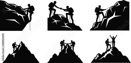 Set of mountain climber silhouettes illustrating teamwork, reaching the summit, rock climbing, hiking, achievement, partnership, and successful outdoor adventure sports icons.