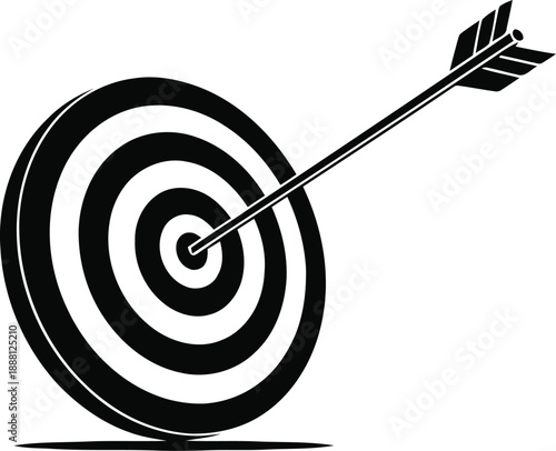 Black arrow piercing bullseye target representing business goal achievement and accurate aim on transparent background