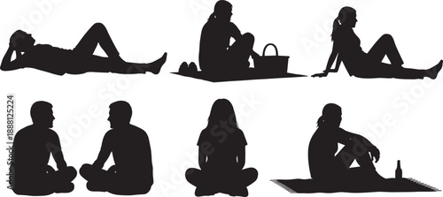 Silhouettes of people sitting and reclining in relaxed outdoor poses, capturing leisure, social interaction, and peaceful moments in casual park or beach settings.