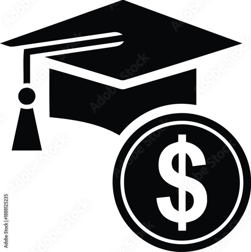 Graduation cap with dollar coin icon representing education costs tuition fees student loans and academic finance