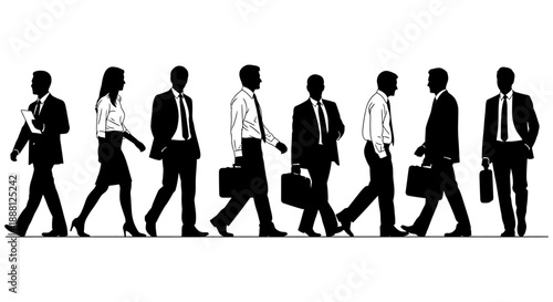 business professionals walking purposefully forward illustrating corporate teamwork career development and ambition on a clean white background.