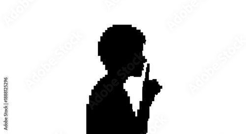 pixelated silhouette of a person making a shhh gesture symbolizing confidentiality and requesting quiet for digital design elements or privacy warnings
