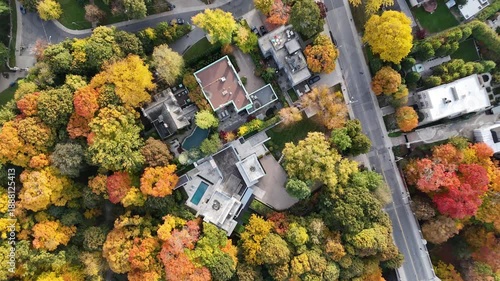 Aerial view of upscale residential neighborhood with peak autumn foliage.