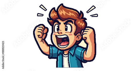 angry pixel art boy yelling with raised fists a cartoon character expressing intense frustration for game ui apps and digital media.