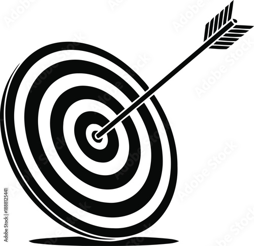 Archery target with arrow in center, representing success, accuracy, and goal achievement in sports and business strategies.