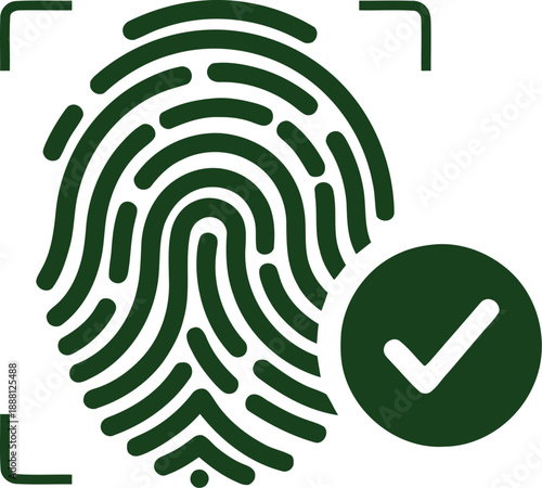 Fingerprint with checkmark authentication complete black glyph icon vector graphic image transparent background
