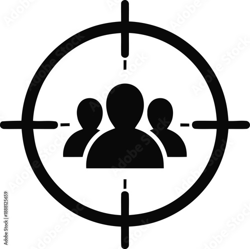 Target icon with people silhouettes, symbol for audience focus, marketing strategy, customer group, demographic research, and business goal