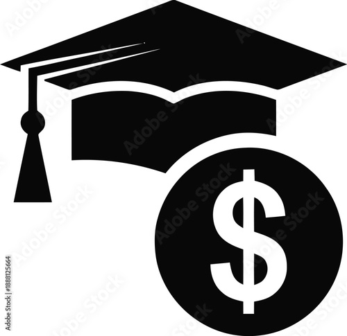 Graduation cap with dollar coin, symbol for education cost, student loan, financial aid, investment in knowledge, academic expenses