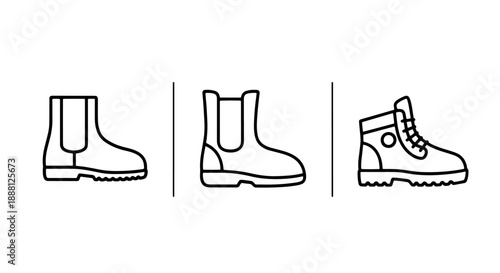 Set of three outline icons: work boots, hiking boots, and lace-up boots, representing footwear and outdoor activities.