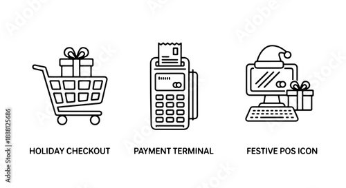 Icon set for holiday shopping: a shopping cart with gifts, a payment terminal, and a festive computer with a gift, for festive season e-commerce.