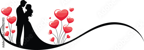 Romantic couple silhouette embracing, surrounded by red hearts, wedding design, Valentine’s theme, love connection, eternal bond, passion, unity