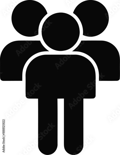 A simple black group of three people icon, representing a team, user community, or social network concept