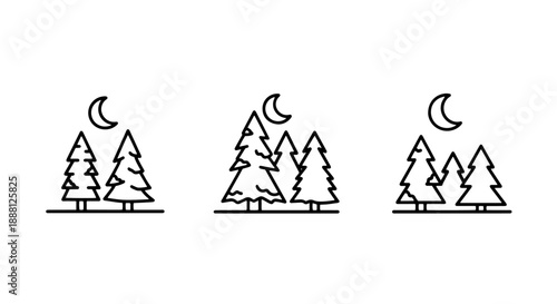 Serene Line Art Icons: Night Forest Scene with Crescent Moon