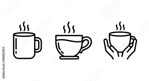 Warm Line Icons: Steaming Coffee Mugs and Hands Cupping a Hot Drink