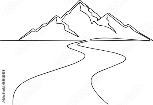 Minimalist line drawing of mountains and a winding road below