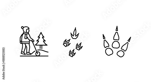Winter Activity Icons: Skiing Person, Animal Tracks, and Dinosaur Footprints