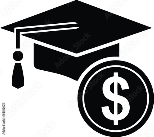 Graduation cap and coin with dollar sign for education costs and financial aid symbolizing investment in learning and academic success