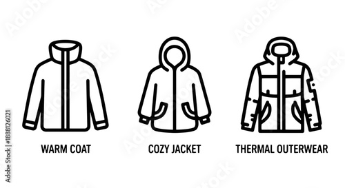 Winter outerwear icons: warm coat, cozy hooded jacket, and thermal jacket for cold weather.
