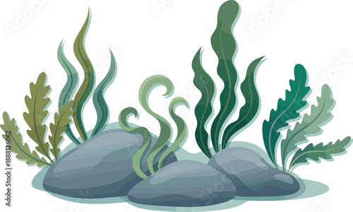 Abstract underwater plants and rocks illustration with blue aquatic seaweed, marine flora elements, ocean nature background, flat vector design for ecology and aquatic concepts