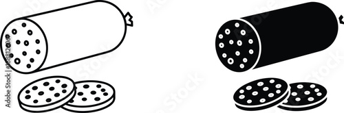 Black And White Vector Illustration Set Of Salami Sausage Featuring Sliced Deli Meat Portions In High Contrast Silhouette And Detailed Line Art Design Styles