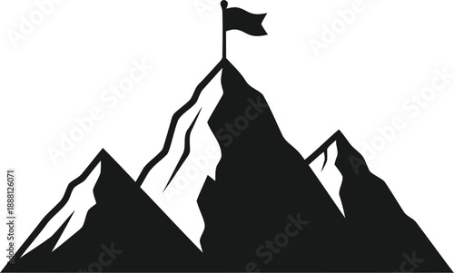 Mountain peak with flag vector icon, success, achievement symbol, goal completed concept, progress, overcoming challenges