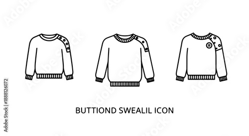 Collection of three simple line art icons representing knit sweaters with button details on the shoulder, isolated on a white background.