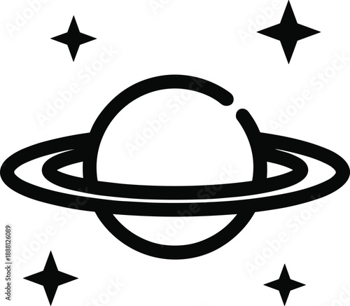Black planet with ring and stars on white background