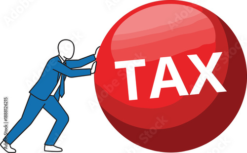 Businessman pushing large tax burden ball symbolizing financial pressure, income tax stress, corporate taxation challenges, economic responsibility, business finance concept illustration 