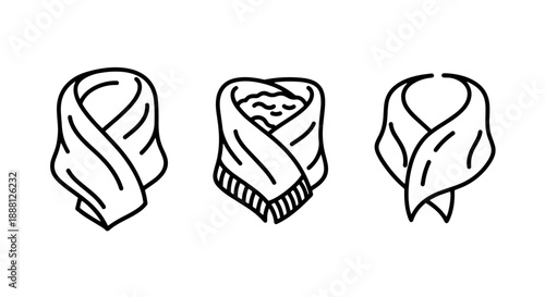 Minimalist line art icons of draped fabric: a scarf, a blanket, and a shawl, suggesting warmth and comfort.
