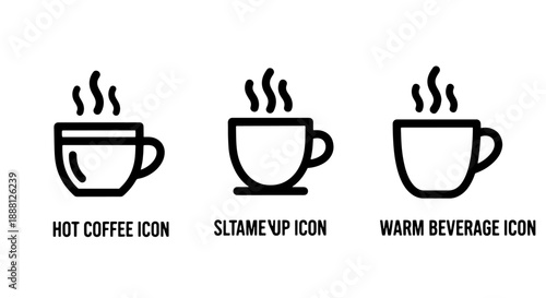 Set of three black and white line art icons representing hot beverages like coffee, hot chocolate, and warm drinks.