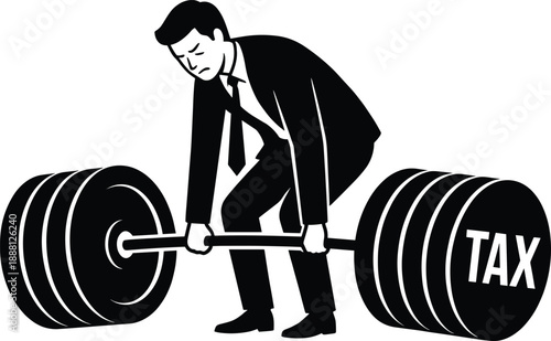 Businessman Struggling to Lift Heavy Tax Burden Barbell Symbolizing Financial Pressure, High Taxes, Economic Stress, Corporate Responsibility, and Government Taxation Challenges Concept