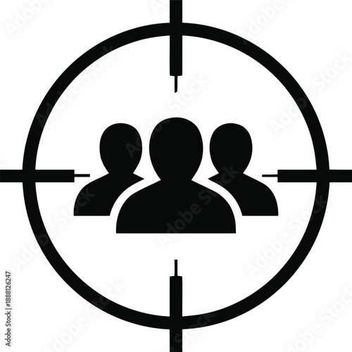 Audience target people group inside a target scope black solid vector icon illustration isolated on transparent background