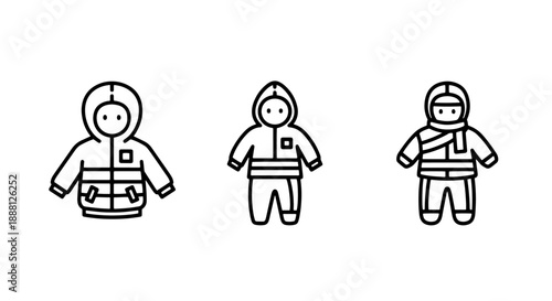 Line art icons of children in winter clothing: parkas, hooded jackets, and snowsuits, for cold weather fun.