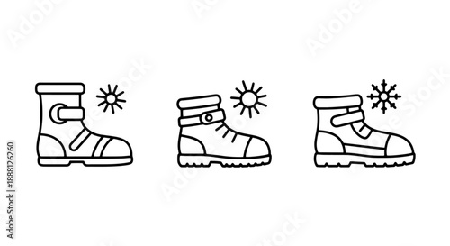 Set of three black and white line art icons showing winter boots with snowflake and sun symbols, indicating weather suitability.