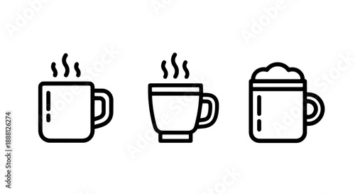 Set of three line art icons for hot beverages: a classic mug, a teacup with steam, and a mug topped with foamy cream.