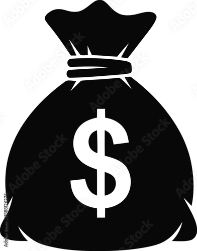 Black money bag icon with dollar sign symbolizing wealth finance economy and savings, vector illustration on transparent background for design.