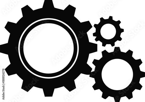 Three black gears interconnected in a mechanism, representing teamwork industry engineering and system, vector graphic on transparent background.