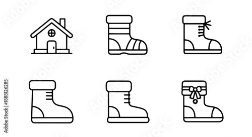 Collection of line art icons featuring winter boots and a cozy house, representing warmth, home comfort, and protection from the cold.