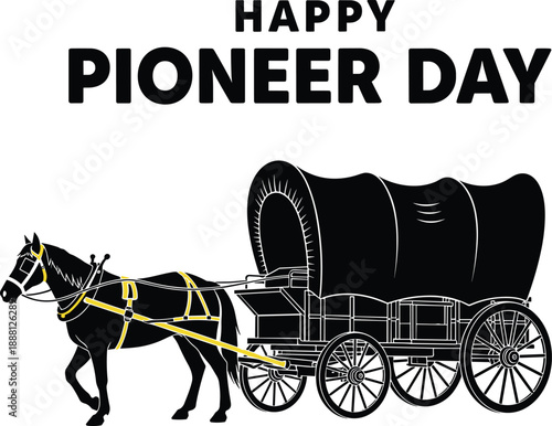 Black silhouette of horse drawn covered wagon with yellow harness and Happy Pioneer Day text