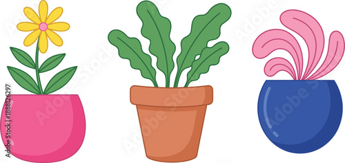 Colorful flat vector illustration of three potted houseplants with decorative pots, modern minimal botanical design for home decor, stickers, prints, and web graphics