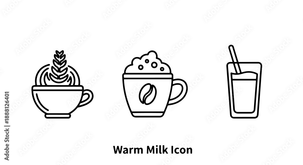 Fototapeta premium Three minimalist line icons of coffee and beverage cups, including latte art, whipped cream with coffee bean, and iced drink with straw, representing cafe drinks.
