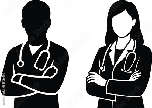 Doctor Silhouette Icons Set – Male and Female Medical Professionals Vector