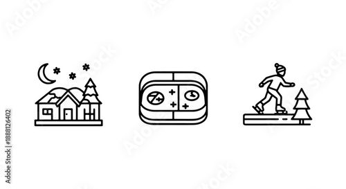 A set of three line art icons depicting a winter village scene with moon and stars, an ice skating rink, and a person ice skating near trees, capturing winter activities.