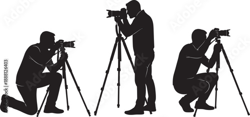 Silhouetted photographers using tripods in varied poses—kneeling, squatting, standing—capturing shots with professional cameras, emphasizing technique, stability, and creative perspective in outdoor p