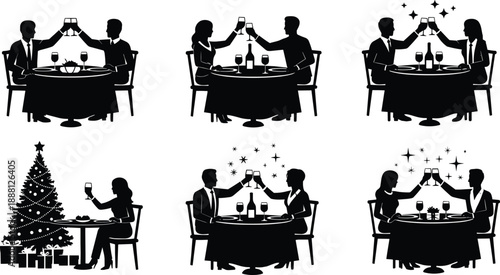 Black silhouettes of couples toasting with wine glasses at dinner tables