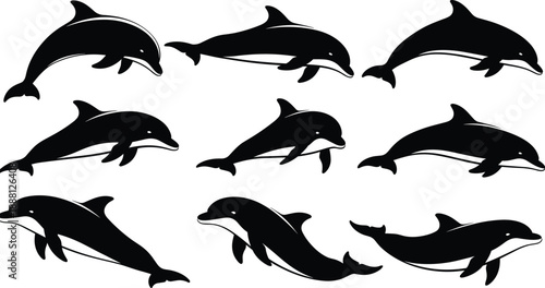 Black silhouettes of dolphins swimming white background