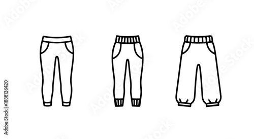Collection of three simple line icons of various styles of pants, including fitted, tapered, and relaxed fits, representing casual wear and fashion.