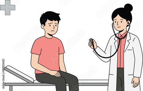 Female doctor examining worried teenage boy patient in medical clinic using stethoscope, healthcare consultation illustration, pediatric checkup concept, diagnosis, treatment, hospital visit 