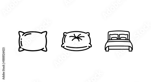 Three minimalist linear icons representing pillows and a bed, symbolizing sleep, comfort, and rest in a simple, clean design.
